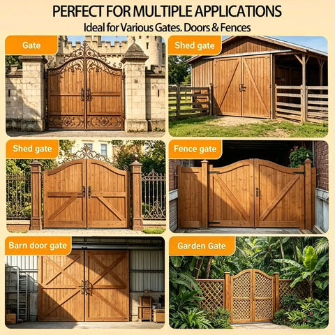 Heavy Duty Wood Fence Gate Hardware Kit With 2 T Strap Hinges, Sliding Gate Latch, 2 Gate Handles, Black Finish, Built To Last, Rust Resistant And Weatherproof, 16 Inch Outdoor Gate Set For Yard Barn Shed on wood gates