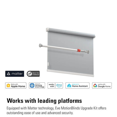 Smart Roller Blind Motor Upgrade Kit For Home Automation with compatibility icons for Matter, Thread, Apple, and more.