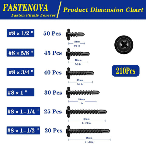 Heavy Duty 410 Stainless Steel Sheet Metal Screw Assortment Kit Dang Tough Self Drilling Fasteners For Sheet Metal Modified Truss Head Black Finish Includes Six Flexible Lengths For No Sweat Assembly - Product Dimension Chart