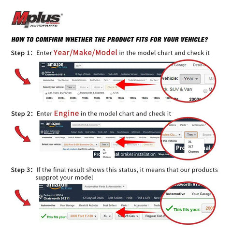How to confirm product fit for vehicle showing steps to verify Year/Make/Model and Engine on Amazon