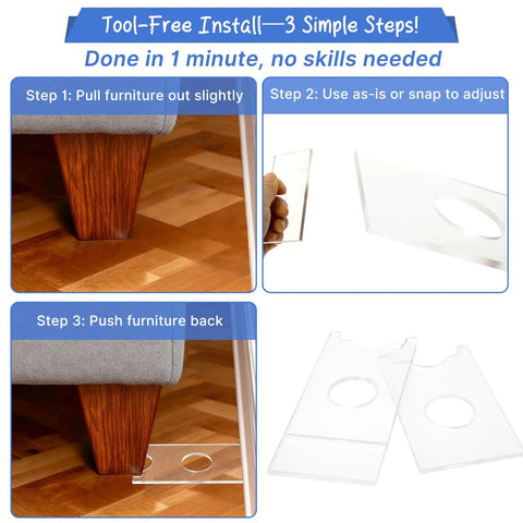 Clear Non Slip Couch Stoppers 2 Pack 9 Inch Universal Furniture Spacers steps for tool-free installation with clear acrylic blocks.