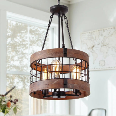 Round Wood And Metal Chandelier With Three Lights Dope Modern Farmhouse Pendant Lighting For Kitchen Island Or Hallway Vintage Rustic Ceiling Lamp With Rubber Insulated Cord Up To 83 Inches 14 Inch Diameter 9 Inch High