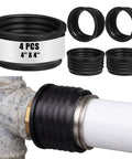 Four Inch Cast Iron Hub To PVC Adapter Sewer Pipe Repair Kit Four Pack With Flexible Seal Fittings in black ribbed design.