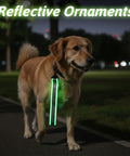Dog wearing glowing 6 Pack Reflective Straps Glow In The Dark High Visibility Backpack Tags For Clothes Walking Cycling Dog Collar Camping And Bicycle Night Safety Gear Pendants at night on a path.