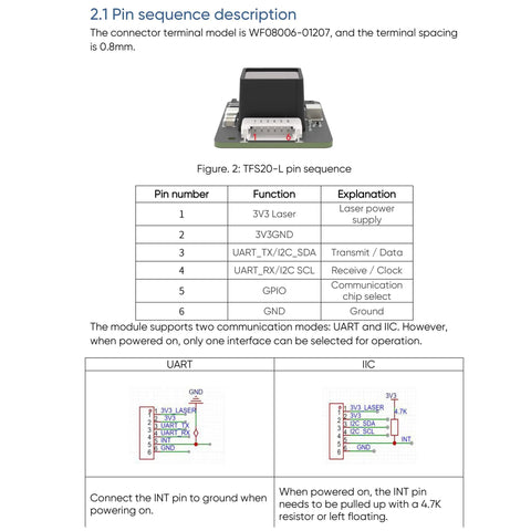 TFS20 Lidar Module for Robots and Drones With 0.2 to 20 Meter Range and 6 cm Precision Direct ToF Sensor pin connection diagram