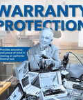 Man holding Dremel tool with vintage packaging in workshop, highlighting Warranty Protection.