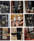 Collage showing Heavy Duty Portable Door Lock For Outward Swing Doors Adjustable Stainless Steel Travel Security Device installed