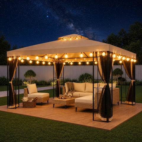 10 Foot By 10 Foot Outdoor Patio Gazebo With Double Tier Roof And Mosquito Netting Heavy Duty Steel Frame For Backyard Garden And Lawn All Weather Ventilation Party Ready Integrated Drain Holes Khaki