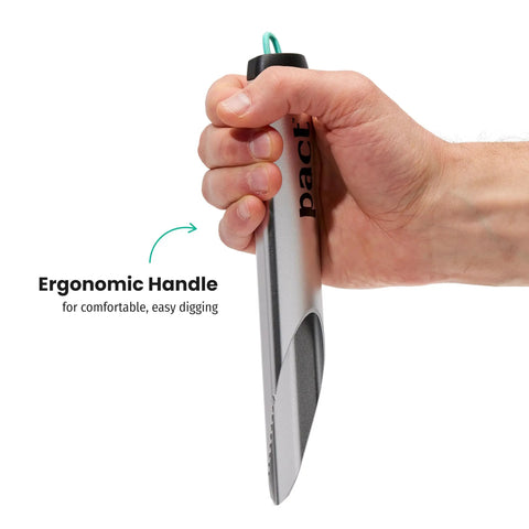 Hand holding an Award Winning Ultra Lightweight Aluminum Backpacking Shovel For Camping And Hiking Ergonomic Trowel With Durable Rigidity