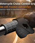 Universal Motorcycle Cruise Control Throttle Holder, wrist saver grip bar close-up on a throttle with ergonomic design.