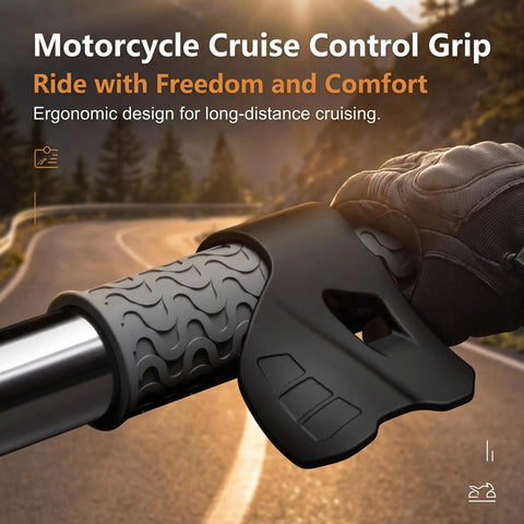 Universal Motorcycle Cruise Control Throttle Holder, wrist saver grip bar close-up on a throttle with ergonomic design.