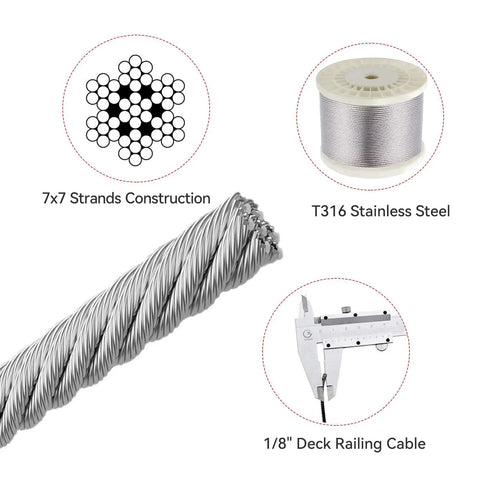 Diagram of Eighth Inch T316 Stainless Steel Cable Wire 7x7 Construction, 300 ft roll for deck railing with cutter, corrosion resistant.