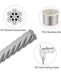 One Eighth Inch Stainless Steel Cable With Cutter, 7x7 Strands Construction, T316 Stainless Steel For Deck Railing Porch.