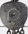 Hella Tough Hand Chain Hoist 2 Ton 4400 Pounds Capacity 19 Foot Lift Height showing double pawl brake mechanism for safety.