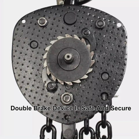Hella Tough Hand Chain Hoist 2 Ton 4400 Pounds Capacity 19 Foot Lift Height showing double pawl brake mechanism for safety.