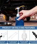 Two-pack fluid pump for standard quart bottles; blue bottle with white plunger installed under a vehicle