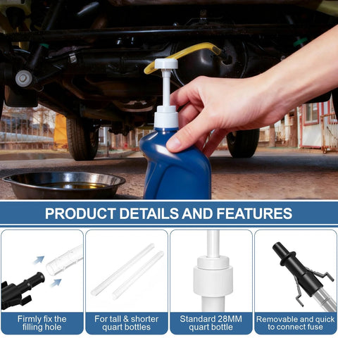 Two-pack fluid pump for standard quart bottles; blue bottle with white plunger installed under a vehicle