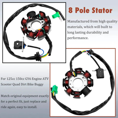 8 pole stator for Gy6 150cc Wiring Harness Kit for ATVs, featuring durable design for performance and longevity.