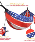 XL Beefy Double Camping Hammock With Tree Straps For Indoor And Outdoor Use Portable Gear That Holds Up To 500 Lbs Extra Large 125 In By 79 In Perfect For Two People And Weekend Chill Sessions American flag design with carabiner and stitching details