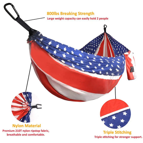 XL Beefy Double Camping Hammock With Tree Straps For Indoor And Outdoor Use Portable Gear That Holds Up To 500 Lbs Extra Large 125 In By 79 In Perfect For Two People And Weekend Chill Sessions American flag design with carabiner and stitching details