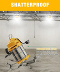 Ultra Bright 100W Temporary Work Light With 5000K Daylight Output, 13,000 Lumens, Outdoor Construction Lighting hanging in warehouse