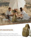 Camouflage Large Capacity Backpack For Outdoor Fishing And Camping on sandy picnic with umbrella and flowers