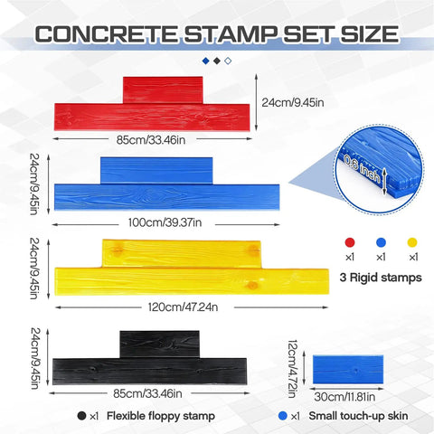 Diagram showing sizes and colors of Five Piece Concrete Stamping Mats Set With Durable Polyurethane Texture Molds, slate stamp molds.