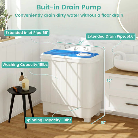 No Sweat Twin Tub Portable Washing Machine With 28 Pounds Capacity Featuring Eighteen Pound Wash Bowl And Ten Pound Spin Cylinder Compact Top Load Setup For Apartments Dorm Suites And Rv Trips with built-in drain pump and sizes.