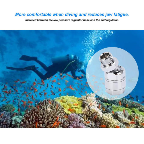 Diver underwater with 360 Degree Scuba Regulator Swivel Adapter For 2nd Stage Dive Hose Rotator, stainless steel, marine-grade build