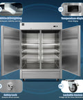 Heavy Duty Commercial Reach In Upright Refrigerator With Slick Stainless Finish Boasting A Massive Forty Three Cubic Foot Layout showing interior with LED lighting and temperature display.