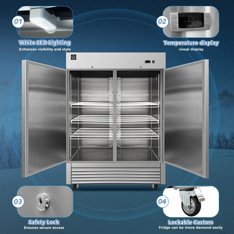 Heavy Duty Commercial Reach In Upright Refrigerator With Slick Stainless Finish Boasting A Massive Forty Three Cubic Foot Layout showing interior with LED lighting and temperature display.