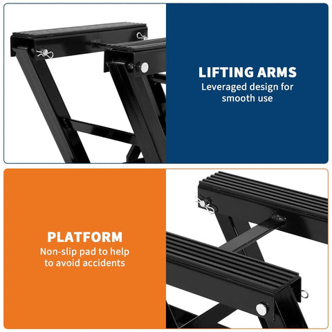 Close-up of lifting arms and non-slip platform on Heavy Duty 1500Lb Hydraulic Motorcycle Lift Jack For Dirt Bikes And ATVs