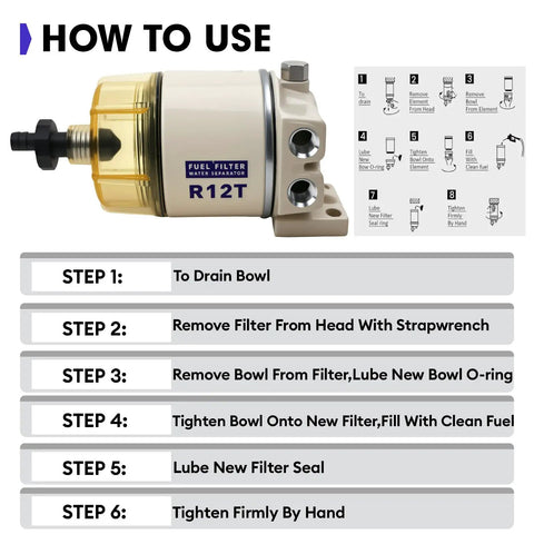 Marine Fuel Water Separator Filter Kit With 10 Micron Replacement For Outboard Engines, step-by-step installation guide.