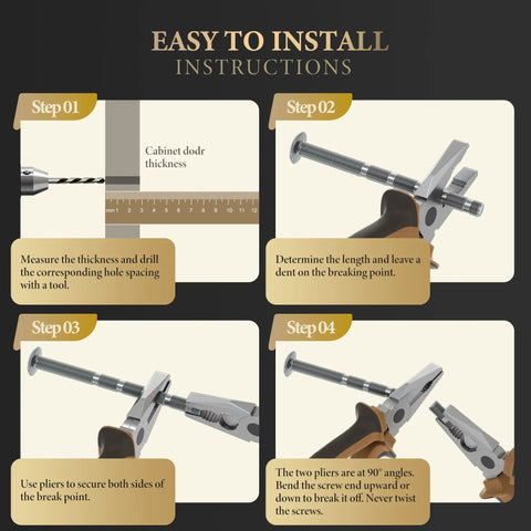 Installation instructions for 10 Pack Brushed Satin Silver And Gold T Bar Cabinet Pulls with detailed steps using pliers and screws.
