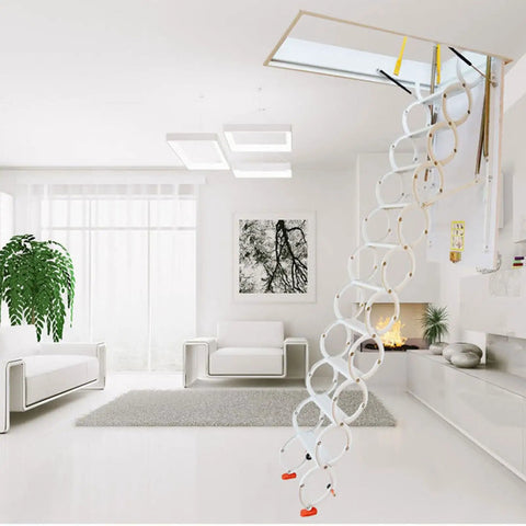 Built Tough Electric Retractable Attic Ladder Heavy Duty Loft Access With Non Slip Treads Smooth Glide Design Saves Floor Space For Duplex Or Warehouse Jobs Right Now in modern living room.