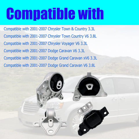 Built Tough Engine And Transmission Mount Set Of Four For 2001 To 2007 Chrysler Town And Country Dodge Caravan And Grand Caravan With 3.3L And 3.8L V6 Engines showing compatibility details.