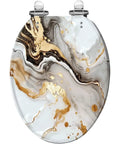 Elongated Toilet Seat White for Bathroom with marbled design in white, gold, and black colors, 14.5" x 18.5" size.