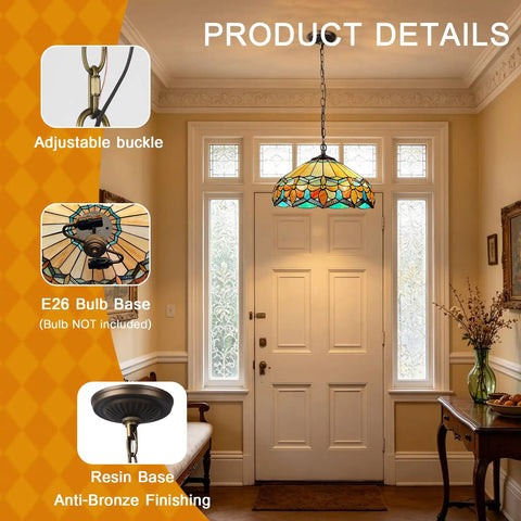 ARTZONE Antique Tiffany Pendant Light Fixture Stained Glass Hanging Lamp with adjustable buckle and E26 bulb base.