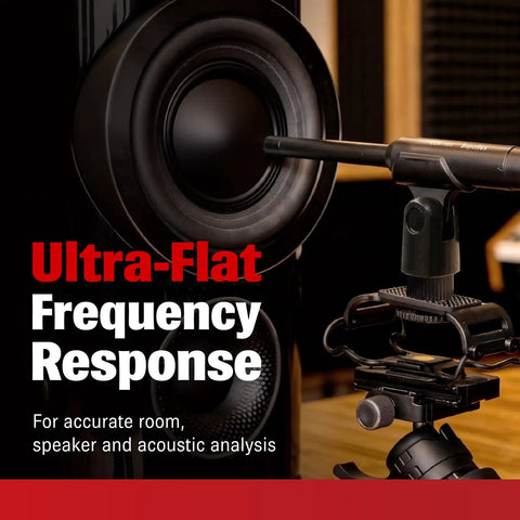 ECM999 Measurement Microphone For Room Calibration And Audio Testing Gear positioned in front of a speaker for sound analysis