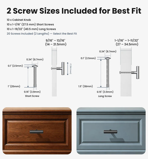 10 Pack Matte Black 2 Inch T Bar Cabinet Knobs Stainless Steel Single Hole Kitchen Cabinet Handles diagram with screws