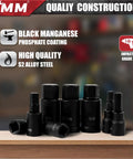 Impact sockets from Beefy 107 Piece Socket Set With 1/4, 3/8 And 1/2 Inch Drives, black phosphate S2 alloy steel.