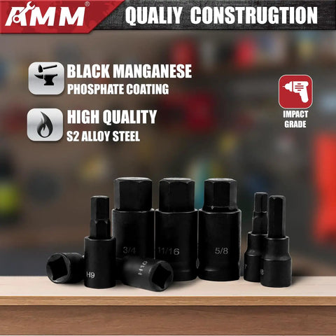 Impact sockets from Beefy 107 Piece Socket Set With 1/4, 3/8 And 1/2 Inch Drives, black phosphate S2 alloy steel.