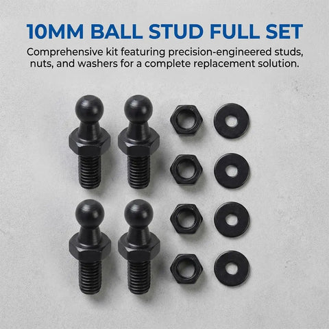10mm Car Ball Stud Kit With Hardware Nuts 4 Pack For Your Ride 5/16-18 Thread 9/16 Inch Long Shank Gas Strut Stud Universal Fit Black Heavy Duty Automotive Mount End Fitting, carbon steel set with bolts, nuts, washers