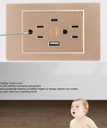 Heavy Duty Wall Outlet With Dual Usb And Type C Charging Ports, 15 Amp Electrical Receptacle showing child safety features and installation.