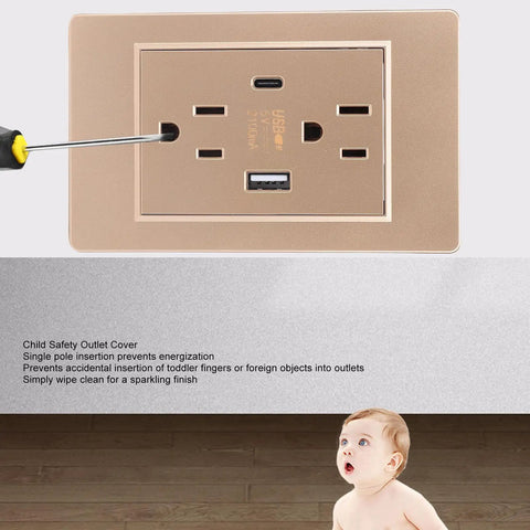 Heavy Duty Wall Outlet With Dual Usb And Type C Charging Ports, 15 Amp Electrical Receptacle showing child safety features and installation.