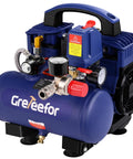 Small But Mighty 1 Gallon Ultra Quiet Oil Free Air Compressor With Plug And Play Setup, blue steel design with pressure gauge.