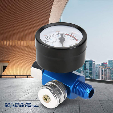 Inline Quarter Inch Pro Grade Mini Air Regulator Kit For Spray Guns With Pressure Gauge, cityscape background