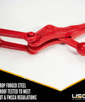 Red heavy duty load binders for 1/4 inch Grade 70 chain, 3150 lbs working load limit, lever style close-up view.