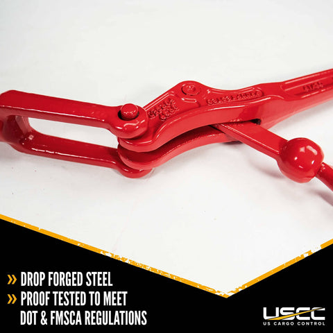 Red heavy duty load binders for 1/4 inch Grade 70 chain, 3150 lbs working load limit, lever style close-up view.