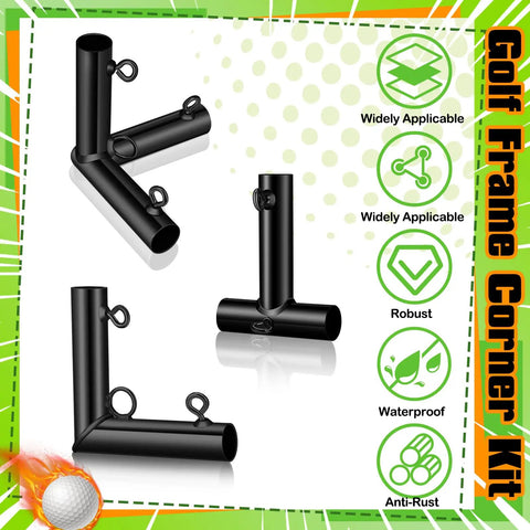 Golf Frame Corner Kit 10 Pieces 1 Inch Plug And Play Canopy Fittings With Threaded Eye Bolts for EMT Pipe shown, black metal parts displayed